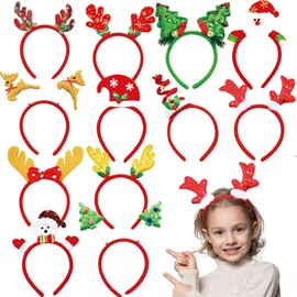 12Pcs Christmas Headbands, Sequin Reindeer Antler Xmas Tree Snowman Santa Hat Glitter Hair Hoop Head Boppers Headwear Head Bands for Children Women Men Christmas Party Favors Photo Props Decoration