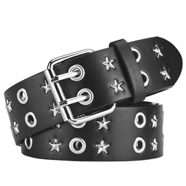 GIMIRO Punk Belt Women's Belt for Jeans, Waistband for Coat, Hollow Rivet Belt, Double Row of Star Holes, Sturdy Square Buckle with 2 Pins, Black 2 Row Star Hole
