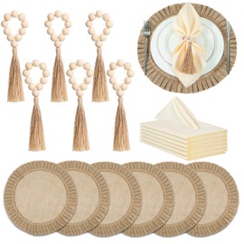 Gejoy 18 Pcs Round Burlap Placemats Wood Bead Napkin Rings with Dinner Napkins Cloth, Jute Placemats Heat Resistant Placemats Boho Wooden Rings for Plates Wedding Dining Table