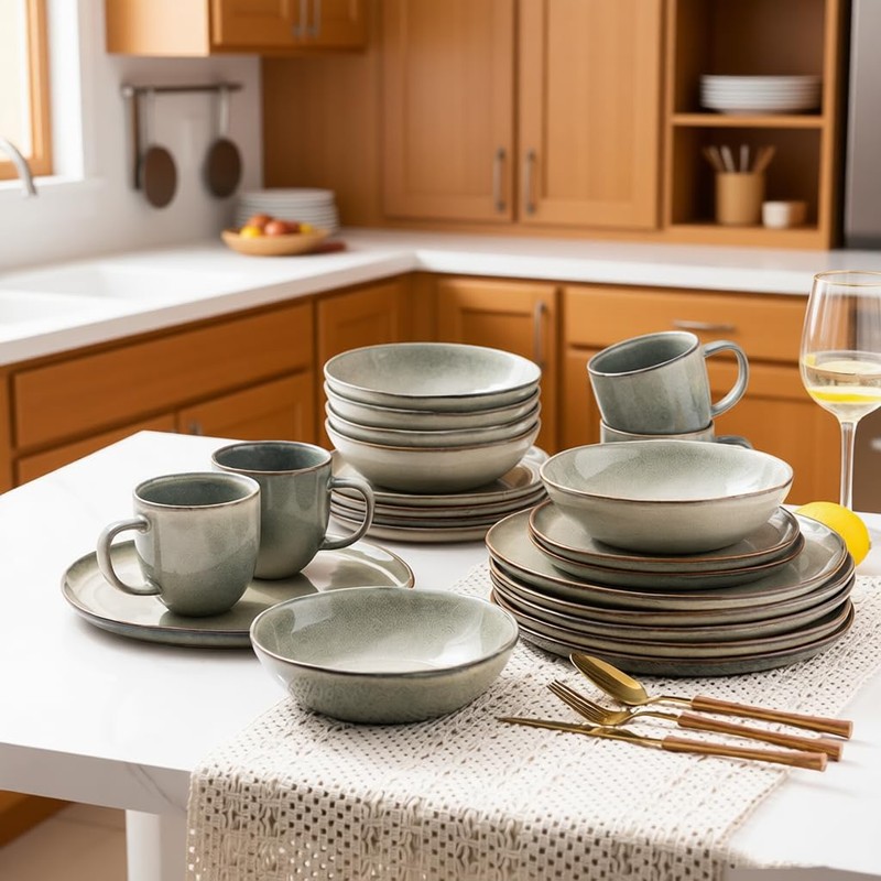 AmorArc Ceramic Dinnerware Sets,Handmade Reactive Glaze Stoneware Plates and Bowls
