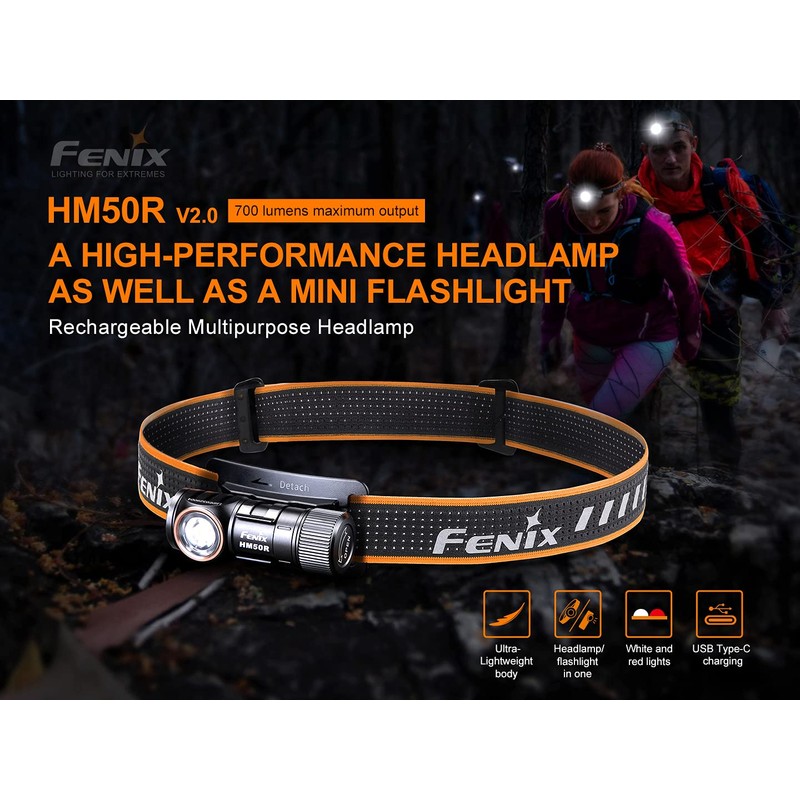 Fenix HM50R v2.0 Headlamp, 700 Lumen USB-C Rechargeable Lightweight with