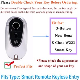 SANRILY Aluminum Alloy Frame & Genuine Leather Smart Key Fob Cover for Benz S-Class W223 2021 2020 S400 S350 S450 S500 Keyless Mercedes Key Case with Keychain White