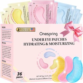 Onespring Mascarillas Para Ojos(36 Pares)- Cafeína, Retinol, Oro De 24 Quilates Para Bolsas, Ojeras, Arrugas Y Líneas De Expresión - Almohadillas De Gel Reafirmantes Para Ojos, Ideales Para Regalar
