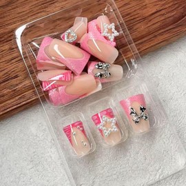 FNKFNK Pink French Tip Press on Nails Duck Fake Nails with Pearl Designs Glossy 3D Silver Bow Heart Charms False Nails Reusable Luxury Pink Leopard Print Glue on Nails for Women 24Pcs