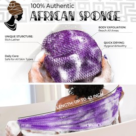 Esponja de red africana auténtica, 2 piezas, esponja de lufa exfoliante africana real con nudos, paños de lavado de red africana para exfoliante corporal, exfoliante de espalda morado y rosa para