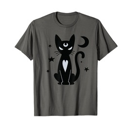 Gothic Witchy Black Cat with Moon Mystical Stars Night Art T-Shirt