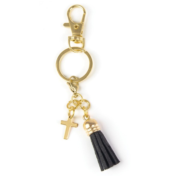 Black Cross Charm Keychain with Tassel - Minimalist Gold Cross