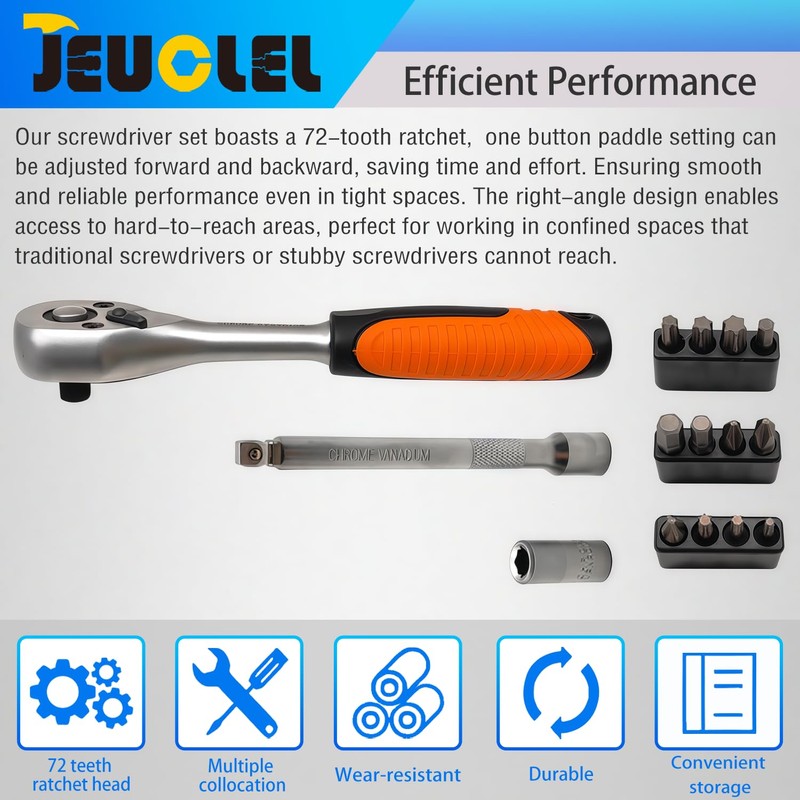 JEUCLEL 37PCS 1/4" Drive Mini Ratchet Set with bits, Torx,