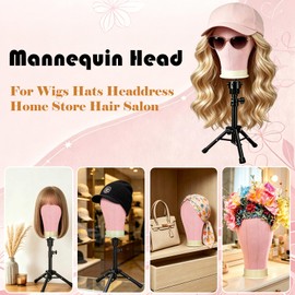 Yekavo 22 Inch Wig Head Mannequin Head for Wigs, 30" Wig Stand Tripod with Head, Pink Canvas Block Mannequin Head for Hair Styling Practice Display with Wig Caps, T C Pins