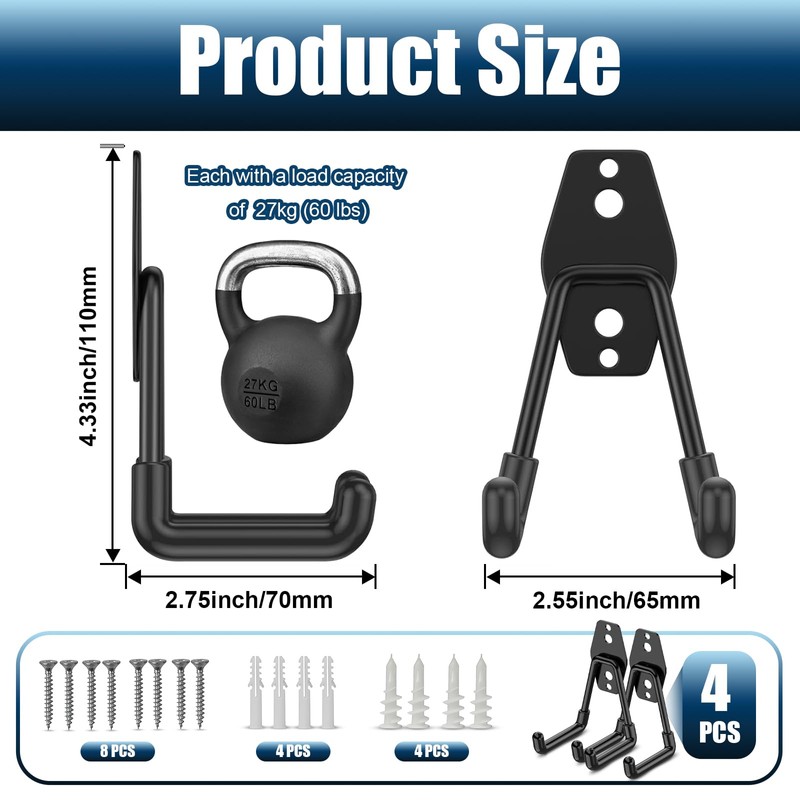 Garage Hooks Wall Mounted, 4 Pcs Heavy Duty Garage Hanger,