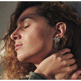 Silver Earrings Lotus Flower Gold Plated 925 with Aqua Chalcedony Stone for Women - Designer Earrings in Silver and Blue Tones - Earrings for Women with Flower, Sterling Silver, Chalcedony, Sterling