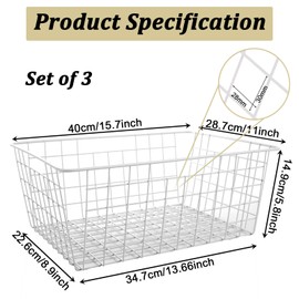 SHUESS 3 Pack Large White Wire Basket, 40 x 28.5 x 15.5cm Freezer Baskets for Chest Freezers, Metal Wire Storage Basket with Removal Cloth Liner, Chest Freezer Organiser for Pantry, Freezer, Shelves