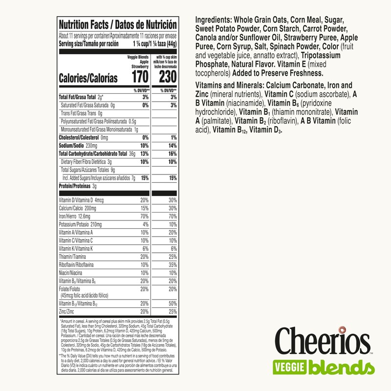 Cheerios Veggie Blends Breakfast Cereal, Apple Strawberry, Made with Fruits