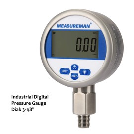 MEASUREMAN 0-10000psi Digital Pressure Gauge 3-1/8" Dial, 1/4" NPT Lower, Stainless Steel Case and Connection, 0.4%,Battery Powered, with LED Light