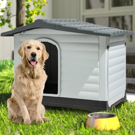 DWVO 43.7'' 2-Door Dog House with Elevated Base & Cushion, Plastic Pet House for Small, Medium, and Large Dogs, Easy Assembly, Water-Resistant for Indoor/Outdoor Use (43.7''L x 33''W x 31.6''H)