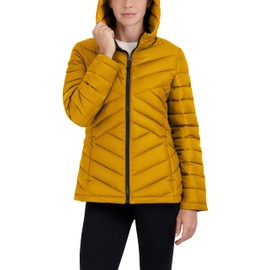 HFX Women's Short Lightweight Quilted Jacket Zipper Front Pockets Hood 25" Packable Puffer Coat, Mustard, Medium