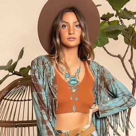Flyonce Blue Turquoise Long Collar Necklace, Vintage Western Style Ethnic Necklace for Women, Fashion Retro Bohemian Pendant Jewelry Silver-Tone