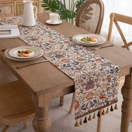 Table Runner Nordic Retro Fringe Tassel Antique Retro Bird Pattern Natural Table Sensor Stylish Elegant Party Dining (Tassel Type, 33 cm × 120 cm)