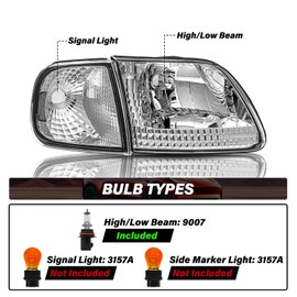 BRYGHT Headlight Assembly Compatible with 97-03 F150 / 04 F150 Heritage / 97-02 Expedition / 97-99 F250 Light Duty Bulbs Included with Corner Lights 4pcs (Chrome Housing with Clear Reflector)