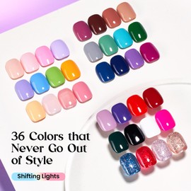 Beetles Gel Polish Set Fall Gel Nail Polish Kit Brown Burgundy Red Blue Black White Nude Green Purple Glitter 36 Colors with Base Coat Glossy Matte Glitter Top Coat Gifts for Women Shifting Lights