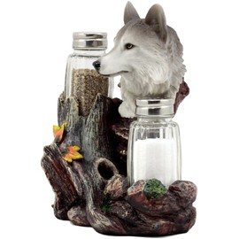 DWK Gray Wolf Salt & Pepper Holder Figurine with Refillable Salt and Pepper Shakers | Rustic Wildlife Wolf Decor | Animal Decor for Kitchen | - 6"