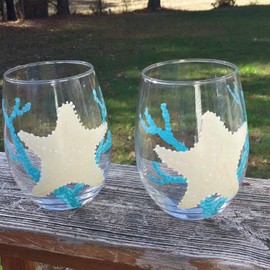 Starfish Blue Coral Stemless Hand Painted Wine Glasses Set of 2 Beach Home Decor