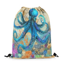 jejeloiu Octopus Drawstring Backpack Ocean Kraken Gym String Bag Blue Tentacles Sports Drawstring Sackpack Nautical Sea Animal Sealife Waterproof