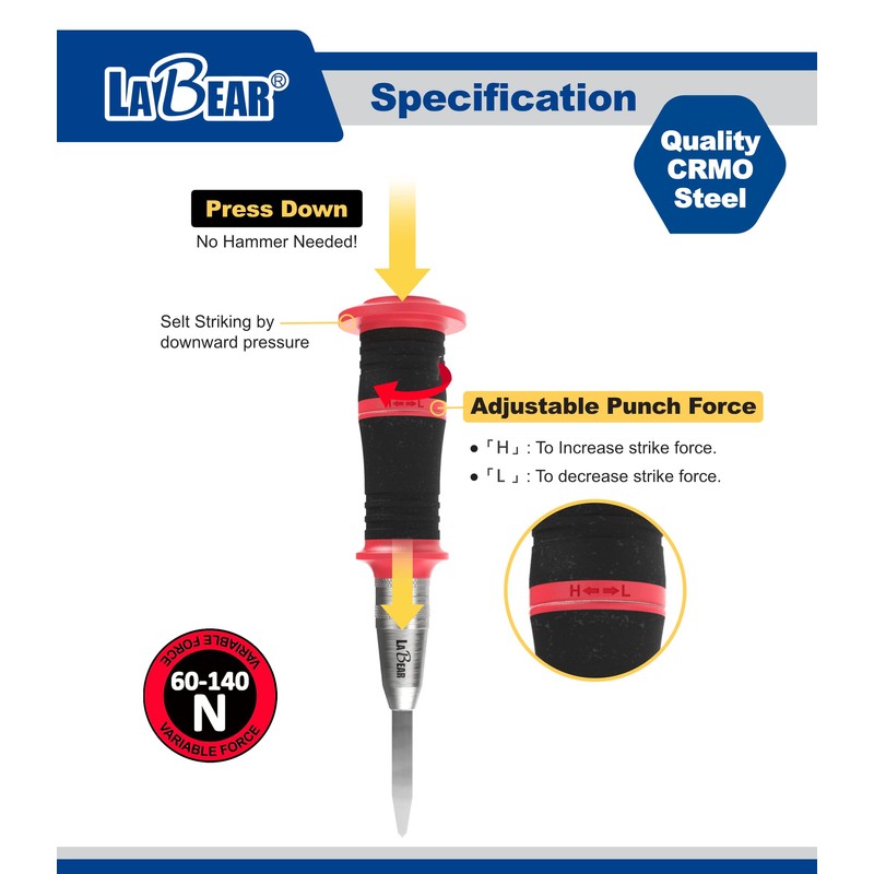 LABEAR- 6-Inch Automatic Center Hole Punch with Adjustable One-Handed Spring