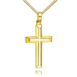 JEVELION Cross Pendant 333 Gold for Men and Women High Gloss Polished with 3D Effect Chain Pendant + Jewellery Case, With chain: length 55 cm