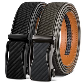 KEMISANT Men's 2-Piece Leather Belt Ratchet Automatic Buckle for Men Adjustable 35 mm Wide with Gift Box, 2pack-black/holy grey3452