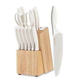 LIN ZHI REN 15 Piece Knife Set，Kitchen Knife Block Set，White stainless steel knife set with sharpener for Chopping, Slicing, Dicing & Cutting，Dishwasher safe
