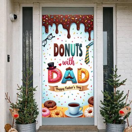 Donuts with Dad Door Banner Decorations Happy Father's Day Door Cover Photo Booth Backdrop Polyester Fabric Porch Sign for School Classroom Church Breakfast Party Supplies Home Yard Wall Hanging Decor