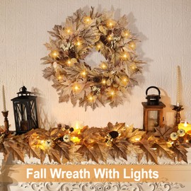 22 Inch Fall Wreaths for Front Door Outside Timer Function Pinecones Berries Autumn Fall Wreaths with 30 Warm Lights Home Porch Door Yard Harvest Mantle Window Decor
