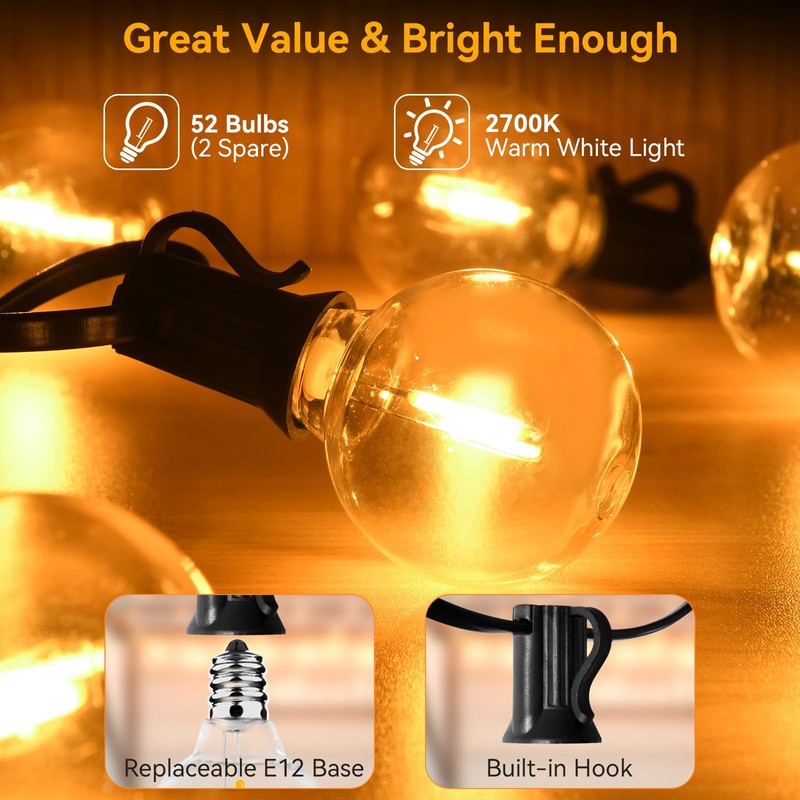 100ft Outdoor String Lights Waterproof/Connectable/Dimmable with 52 LED Shatterproof Bulbs,2-Pack