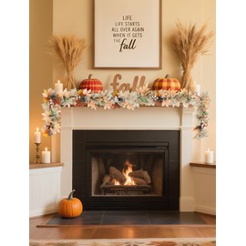 BLOSMON Fall Leaves Garland for Mantle: 6ft Fall Garland with 40 LED Lights - 8 Lighting Modes with Remote Timer - White Maple Leaf Autumn Garlands for Railing Outdoor - Thanksgiving Home Decor