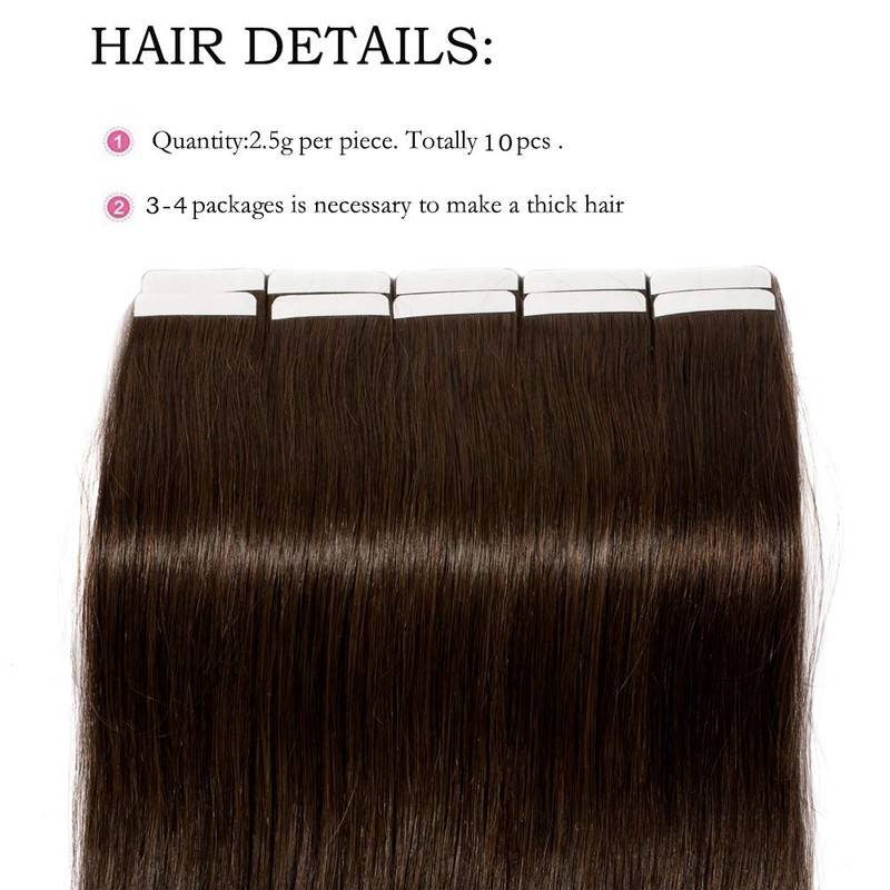 14" Tape in Hair Extensions Human Hair 10PCS #2 Dark