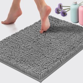 LuxUrux Bath Mat Extra-Soft Plush Bath Shower Bathroom Rug, 1'' Chenille Microfiber Material, Super Absorbent Shaggy Bath Rug (40 x 60 cm, Light Grey)