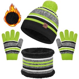 UMIPUBO Kids Warm Beanie Hat Scarf Gloves Set 3 in 1 Thermal Knit Hat Scarf Gloves Set Winter Accessories Sets Snood Scarf Gloves Set with Double Layer Fleece Lining Boys Girls(Green, One size)
