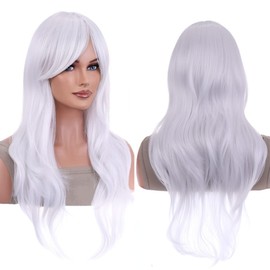 AneShe Wigs 28 Inch 70cm Long Curly Wavy Hair Wig Heat Resistant Cosplay Wig with Wig Cap (Pure White)