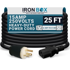 IronBox Electric - NEMA 6-20P Plug to IEC C13 Power Cord - 15A/250V, 14/3 AWG - UL Listed Heavy Duty Power Cord - Replacement Cords for Monitor, Computer, Printer, Audio Speaker & More (25ft, Build)