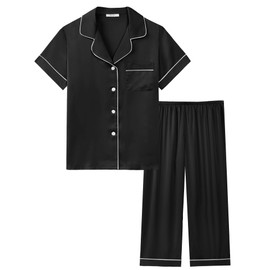 Joyaria Satin Pajama Sets for Women 2 Piece Short Sleeve Button Down Top & Capri Sleep Pant Sets(BlackL)