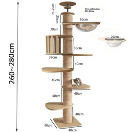 Mekidulu Floor to Ceiling cat Tree，Adjustable Height,Tall cat Tree with Width 4.33 in Scratching Post,Cat Hammock,Fully Wrapped with sisal Rope(240～250cm, 265-275cm T02)