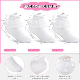 Geyoga 3 Pairs Girls Ruffle Lace Socks Toddler White Lace Socks School Socks Ankle Ballet Socks, Stylish