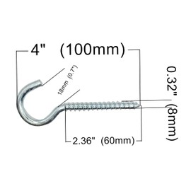 LLB 4 inch Screw-in Hooks Large Heavy Duty Cup Hooks Screw in Hooks Plain Ceiling Cup for Hanging Lights Eye Big Size: 8mm x 100mm Pack of 10