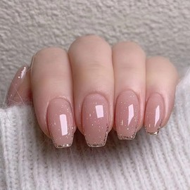 ANDGING Coffin Press on Nails Pink Short Medium Bling Fake Nails with Designs Fantasy Manicure French Tip Glue on Nails for Wedding Acrylic Stick on Nails for Women Gel False Nails 24 Pcs