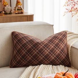 Kevin Textile Fall Plaid Pillow Cover 12x20 Inch with Piping, Burnt Orange