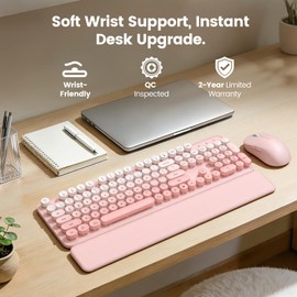 Wireless Keyboard and Mouse Combo, Magnetic Soft-Touch Wrist Rest, Round Keycaps, Full-Size Retro Typewriter Keyboard, 2-Stage Tilt Legs, Auto Sleep, 2.4GHz Cordless for Windows PC, Blush Pink Ombre