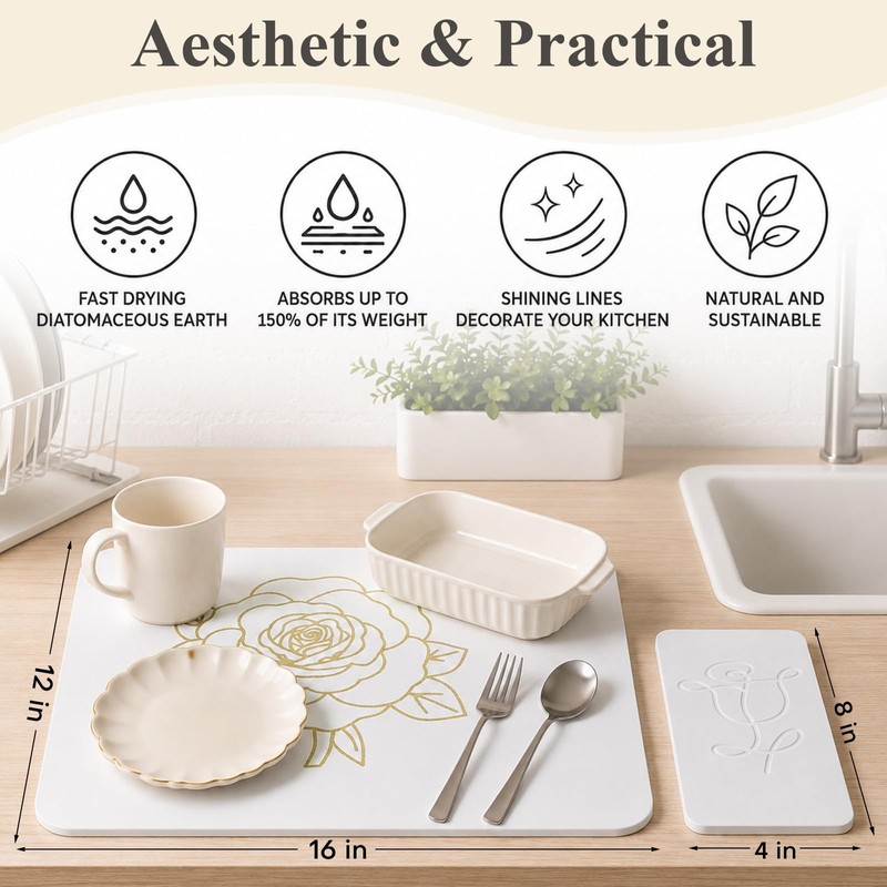 Stone Dish Drying Mat for Kitchen Counter, Glittery Resin Rose