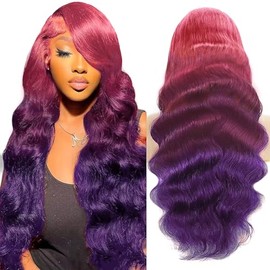 Dark Purple Ombre 13x4 HD Lace Front Wigs Human Hair Body Wave 3 Tone Pink to Purple Glueless Wigs Pink Root Rainbow Colored 180% Density 28 Inch