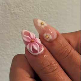 3D Flower Summer Press on Nails Medium Almond French Tip Fake Nails 3D Flower Hibiscus with Gold Beads Design Glue on Nails Full Cover Artificial Acrylic Nails Stick on Nails for Women Manicure Decor